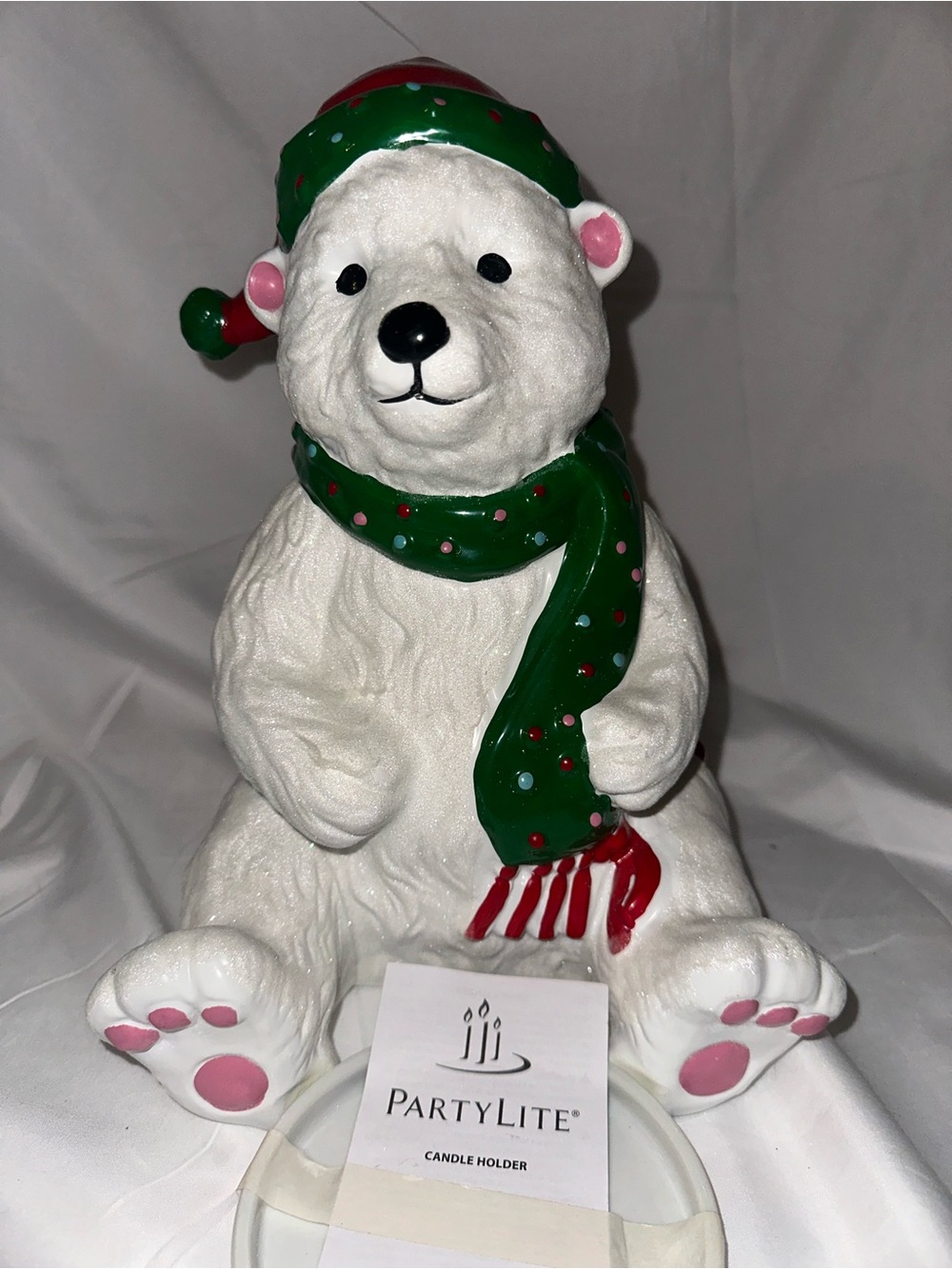 PartyLite White Polar Bear Candle Holder with Green Scarf